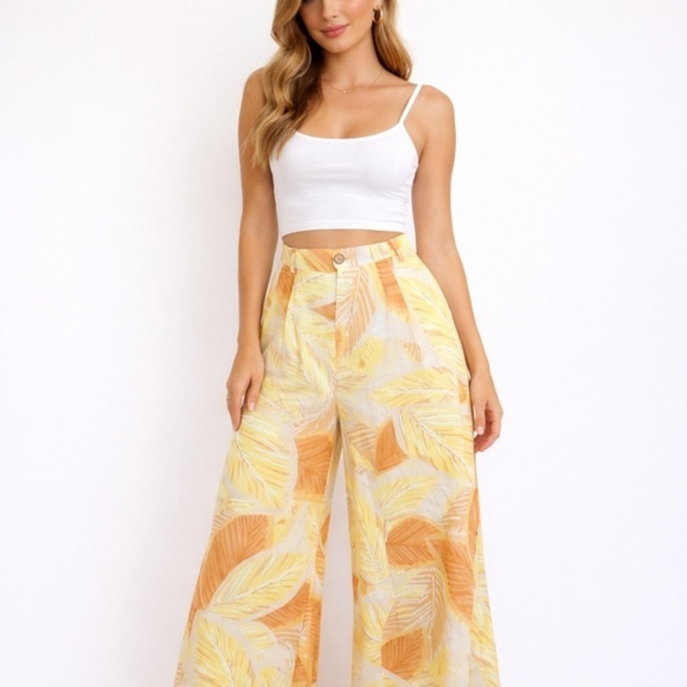 Amuse Society Shady Shack Yellow Tropical Leaf Wide Leg Pants High Waisted Small